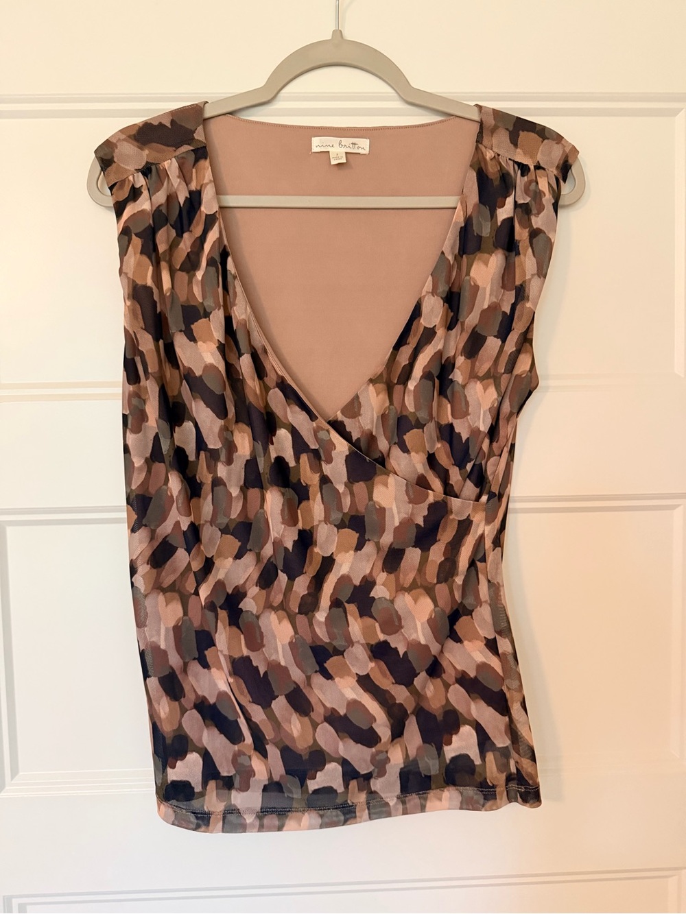nine britton Sleeveless V-Neck Camisole in Taupe, Olive & Navy Brushstroke Print